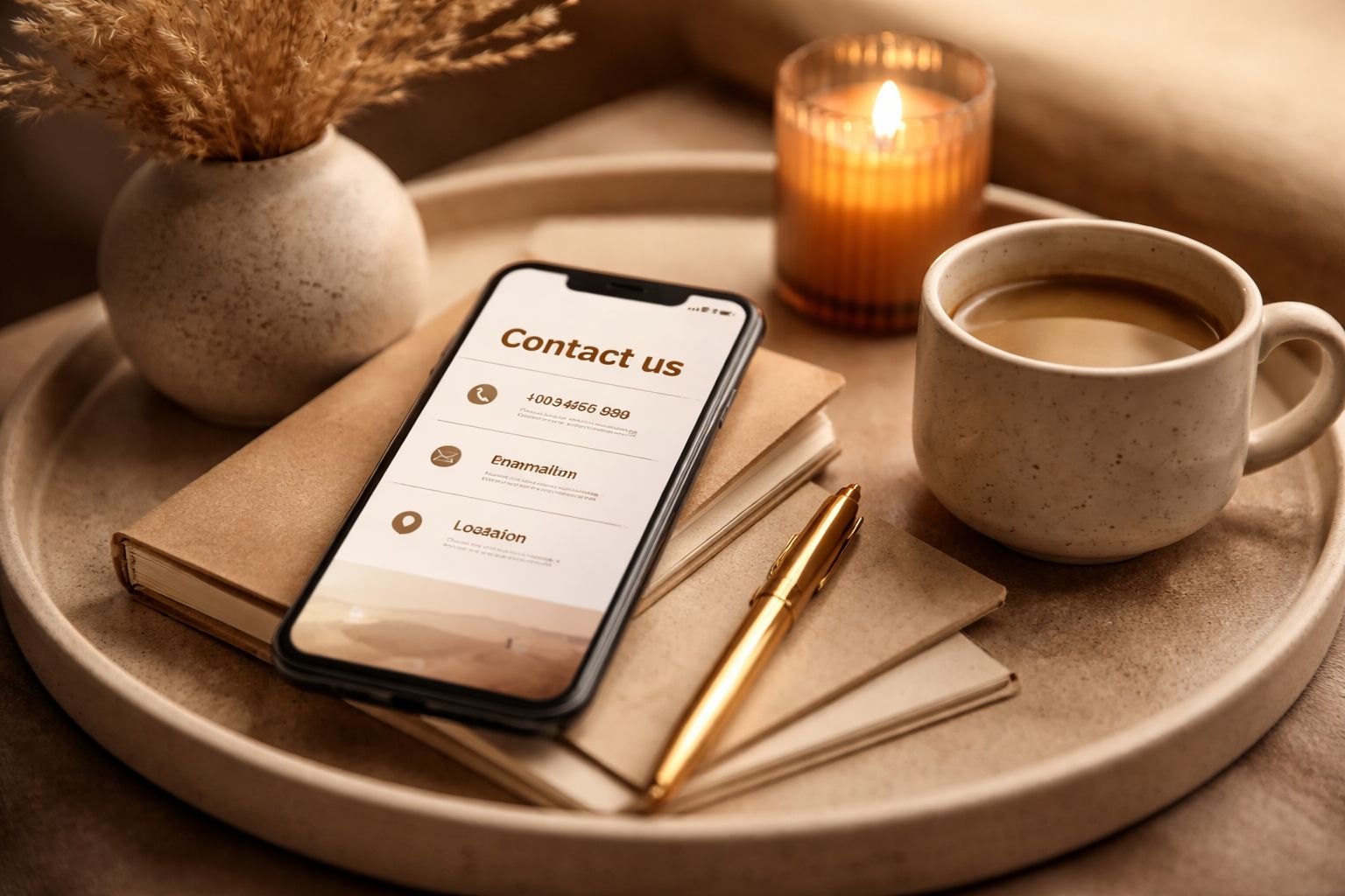 Telefon alatta jegyzetfüzettel és mellette egy kávéscsésze